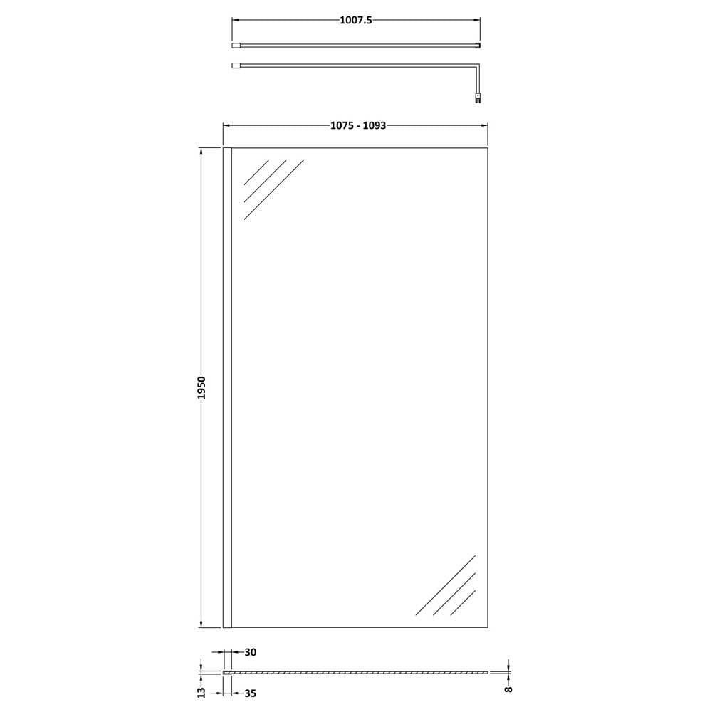 Hudson Reed Wetroom Shower Screen with Brass Support Bar 1100mm WRSBB11