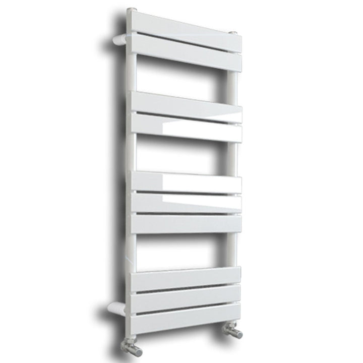 Chrome heated towel rail angled design.