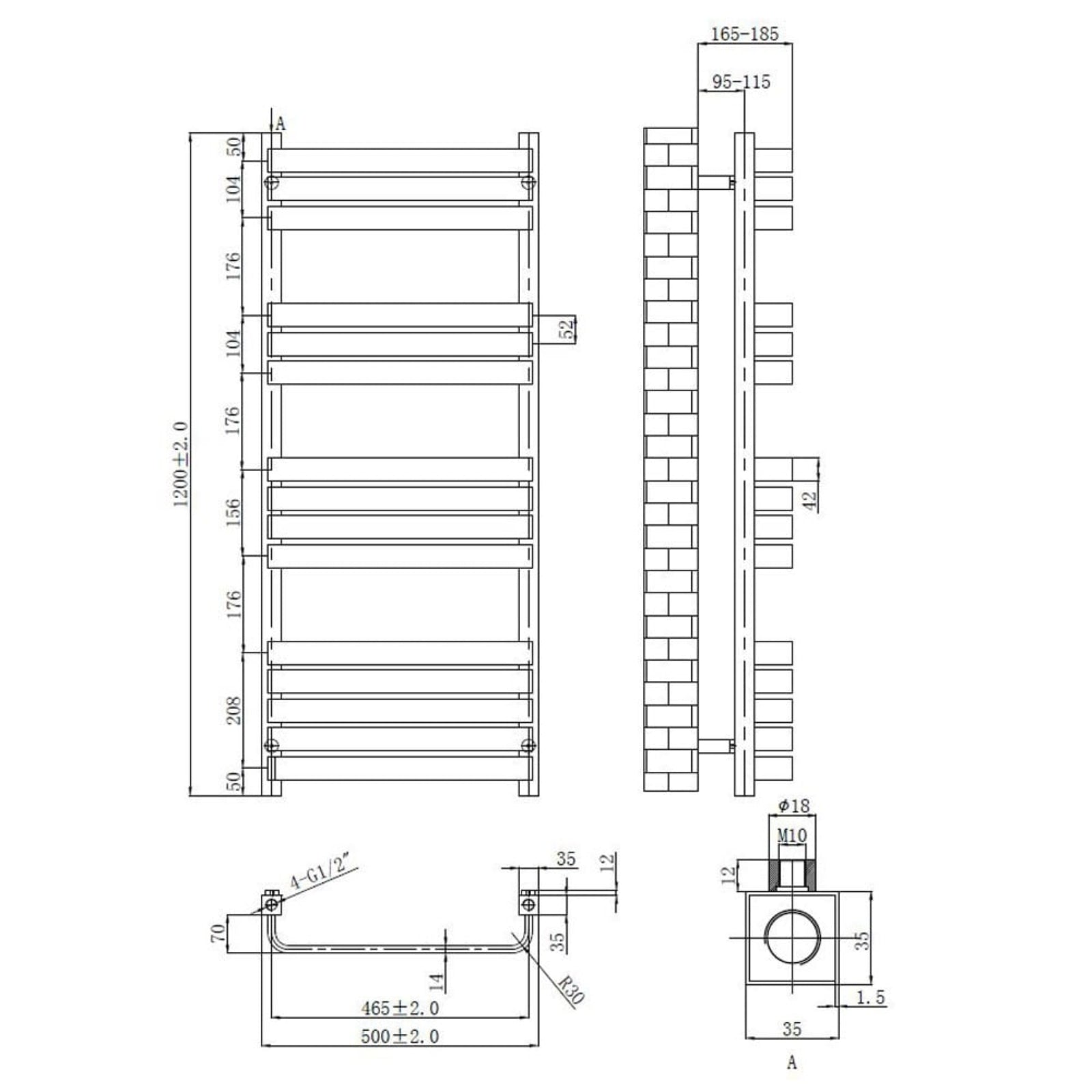 Astini Auckland 1200x500mm Brushed Brass 600W Ladder Heated Towel Rail TIS2145