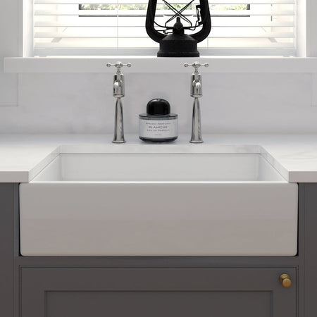 White double-basin farmhouse sink with faucet