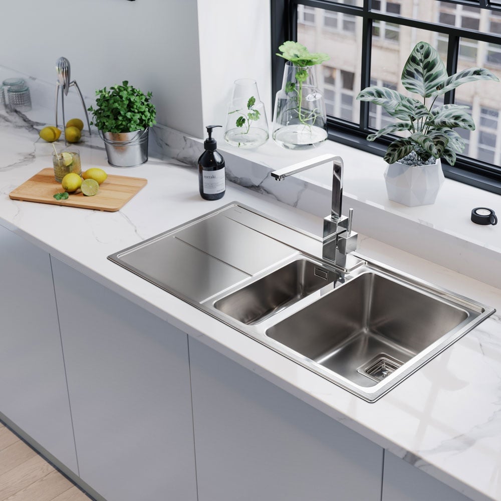 Rangemaster Arlington 1.5 Bowl Brushed Stainless Steel Kitchen Sink & Waste LH