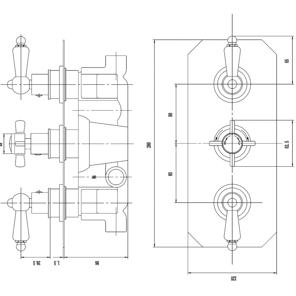 Nuie Chrome Traditional Triple Thermostatic Shower Valve - A3057