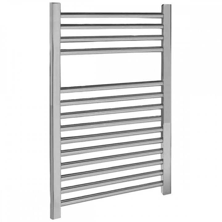 Chrome heated towel rail with curved bars.