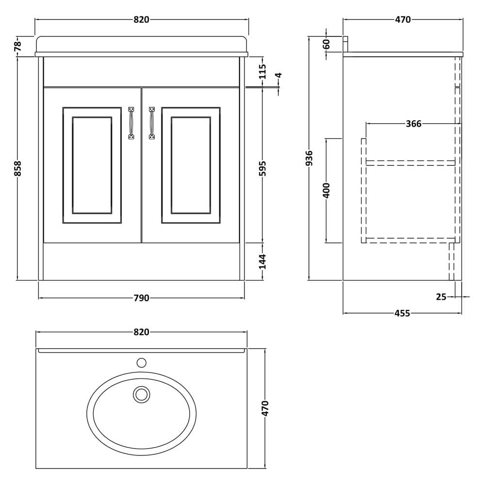 Nuie York Royal Grey 800mm Vanity Unit & Grey Marble Top Basin 1TH - YOR429