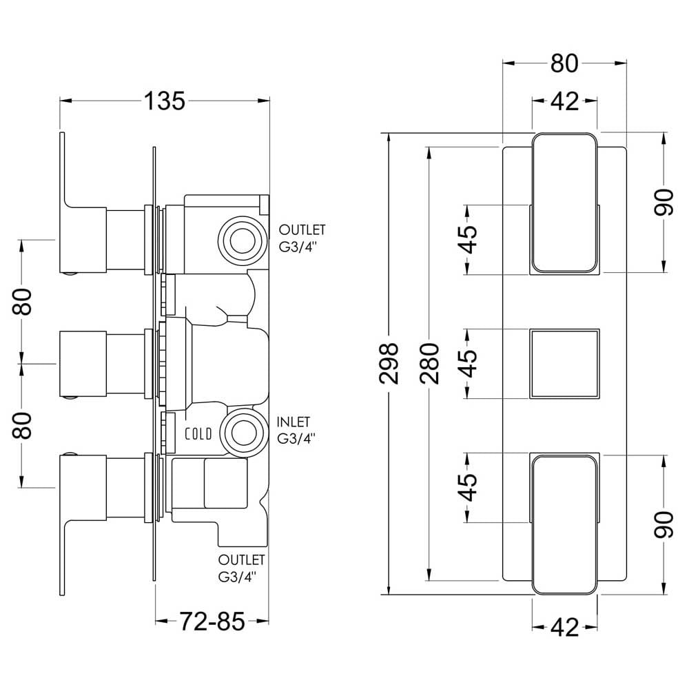Nuie Windon Brushed Brass Triple Thermostatic Shower Valve with Diverter - WIN8TR03