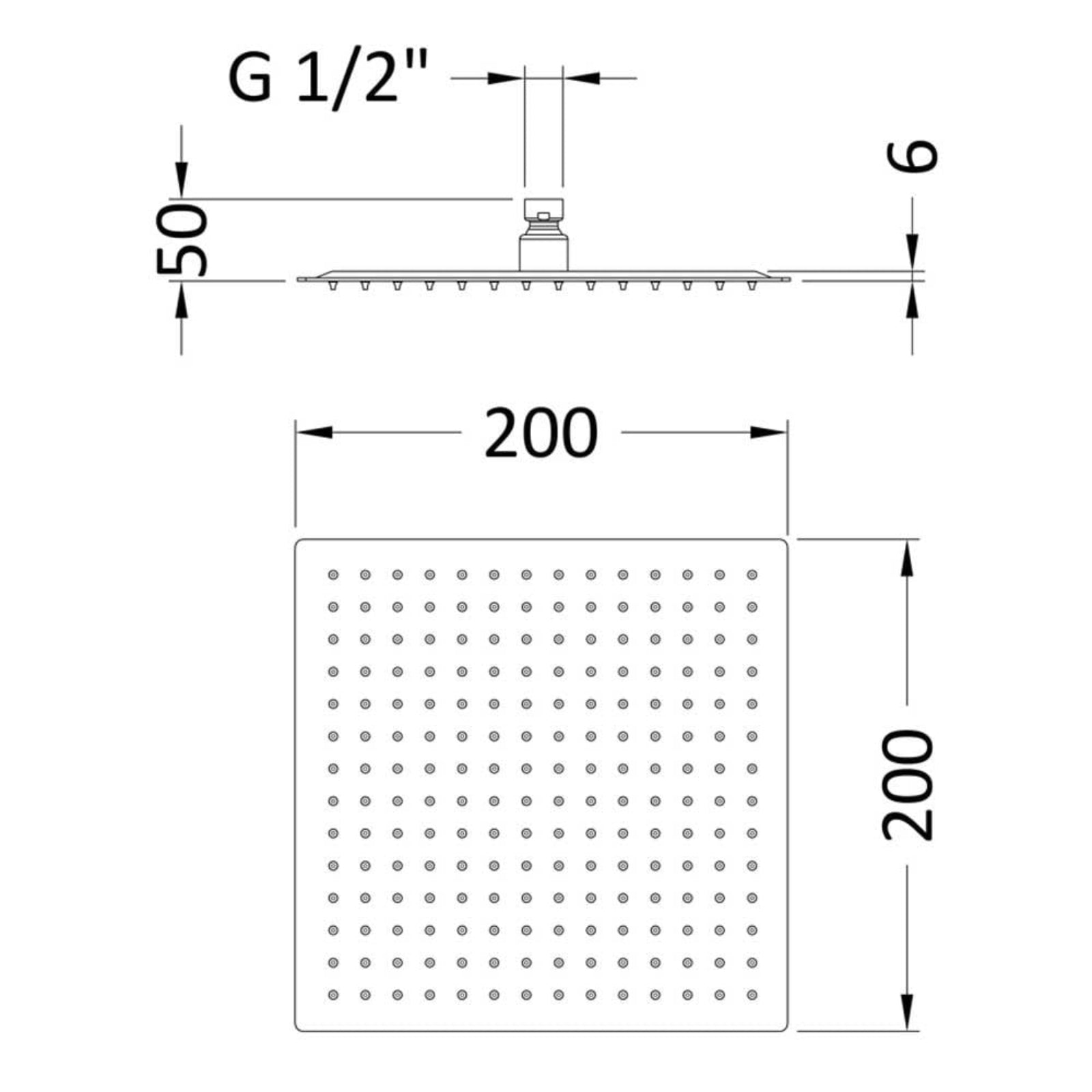Nuie Matt Black Square Fixed Shower Head 200x200mm - A4088