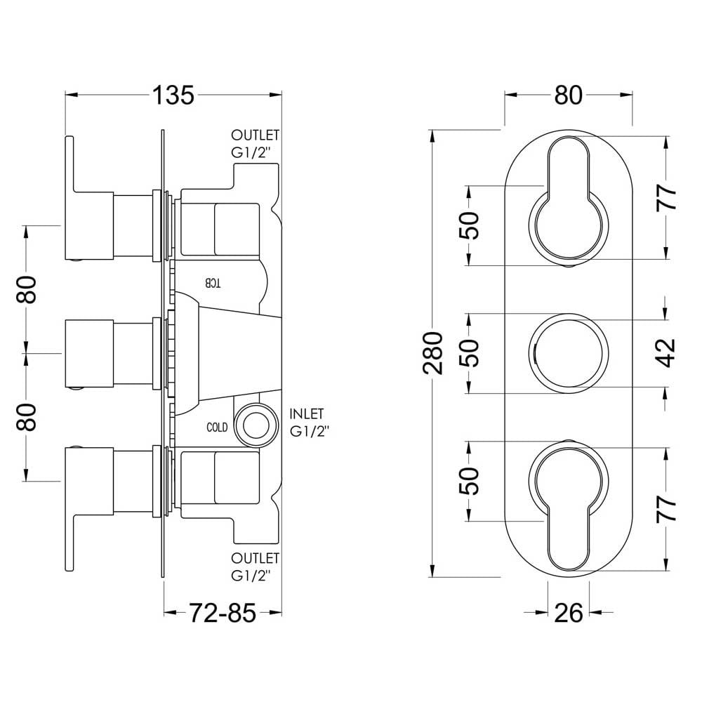 Nuie Arvan Matt Black Triple Thermostatic Shower Valve - ARV4TR02