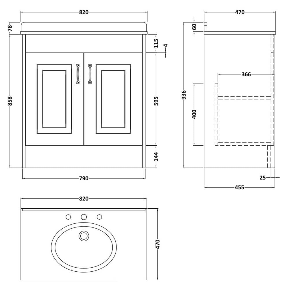 Nuie York Royal Grey 800mm Floor Standin Vanity & Marble Top Basin 3TH - YOR430