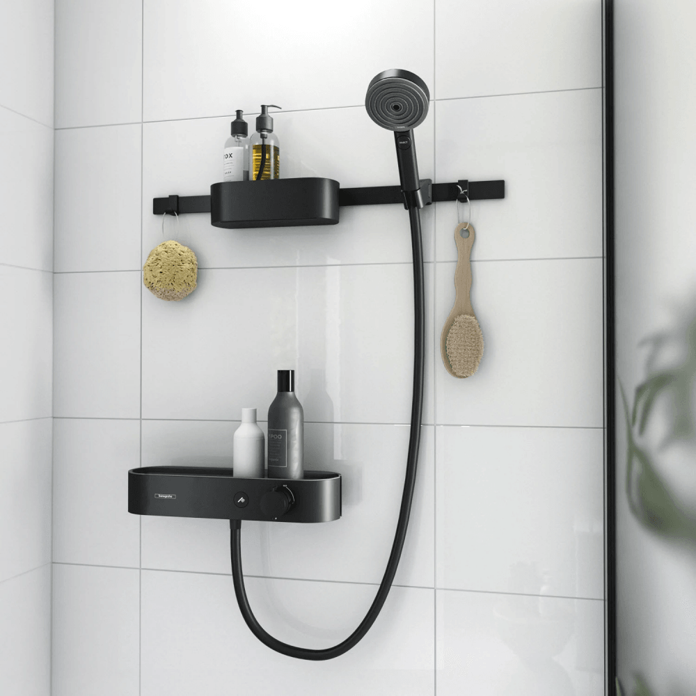 Hansgrohe WallStoris Matt Black 105 3 Jet Thermostatic Shower Mixer Bundle & Storage Set