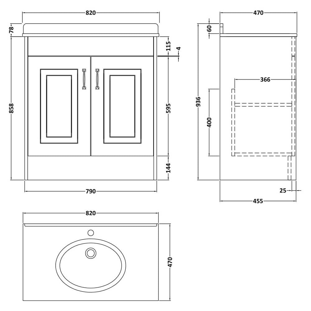 Nuie York Royal Grey 800mm Vanity Unit & White Marble Top Basin 1TH - YOR428