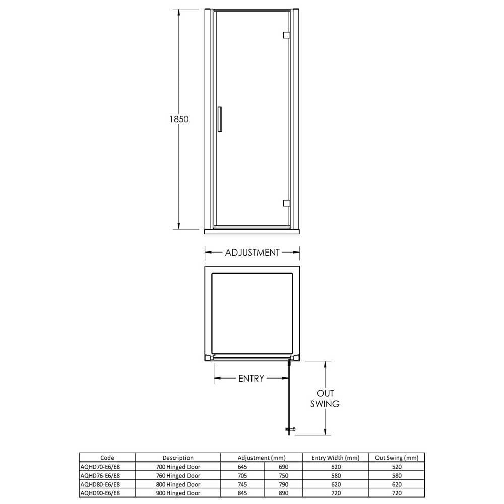 Nuie Pacific Hinged Shower Door With Handle 700mm - AQHD70H3