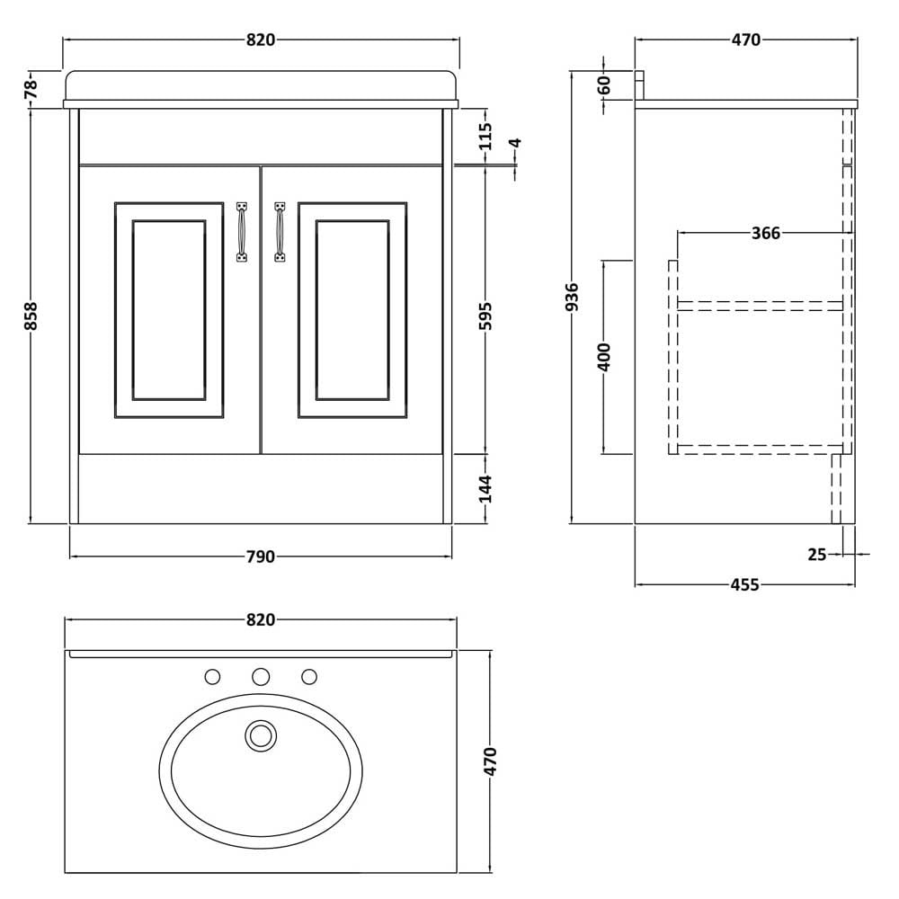 Nuie York Royal Grey 800mm Vanity Unit & White Marble Top Basin 3TH - YOR431