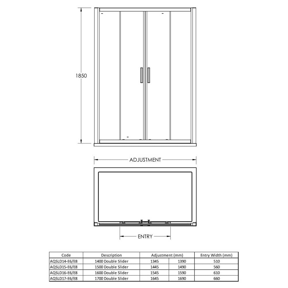 Nuie Pacific Double Sliding Shower Door With Handle 1700mm - AQSLD17H3