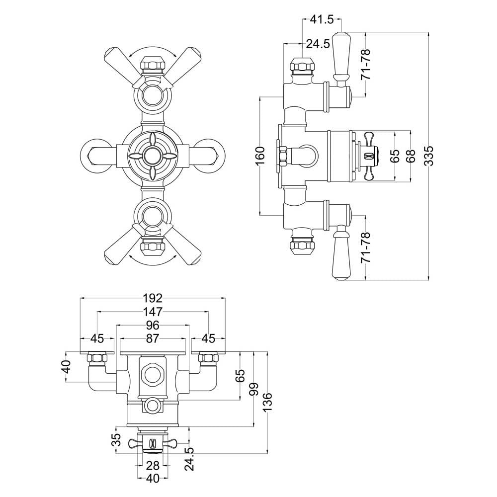 Nuie Selby Chrome Exposed Thermostatic Triple Handle Shower Valve - SELTR02E