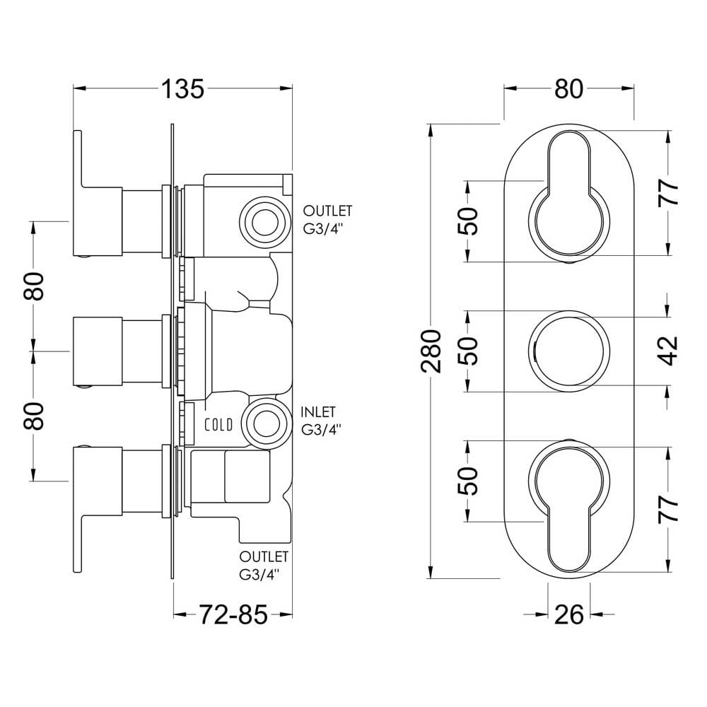 Nuie Arvan Matt Black Triple Thermostatic Shower Valve With Diverter - ARV4TR03