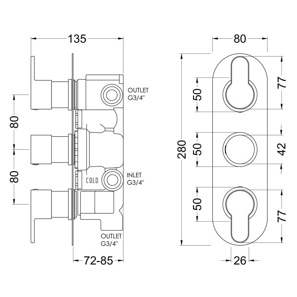 Nuie Arvan Brushed Brass Triple Thermostatic Shower Valve With Diverter - ARV8TR03