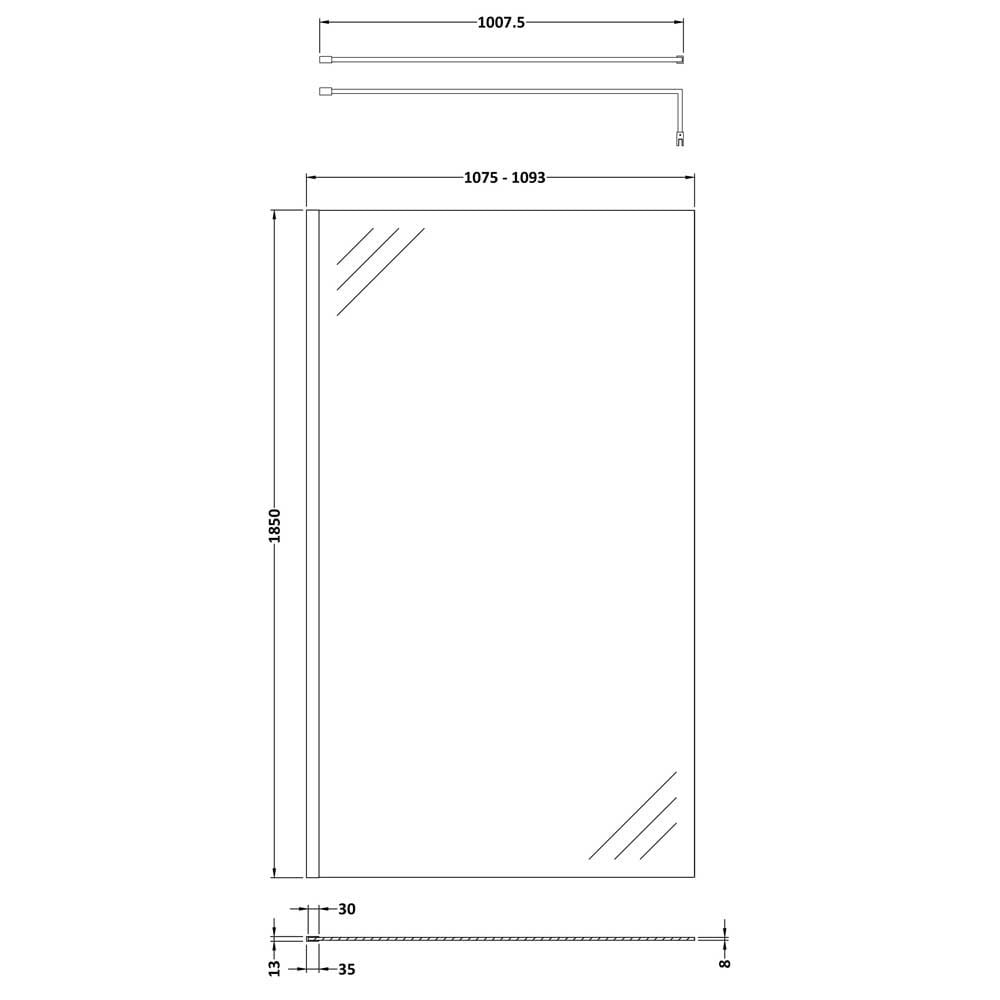 Nuie Brushed Brass Wetroom Shower Screen & Support Bar