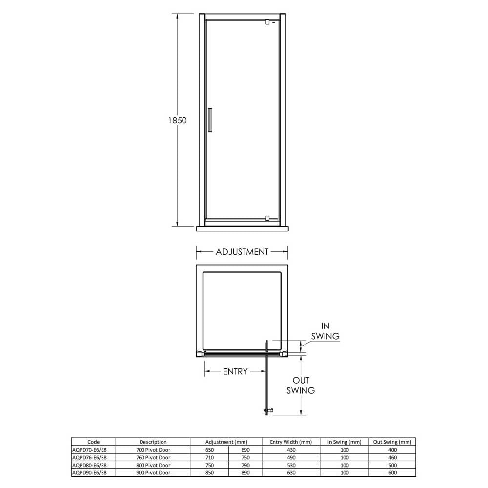 Nuie Pacific Pivot Shower Door With Handle 900mm - AQPD90H3