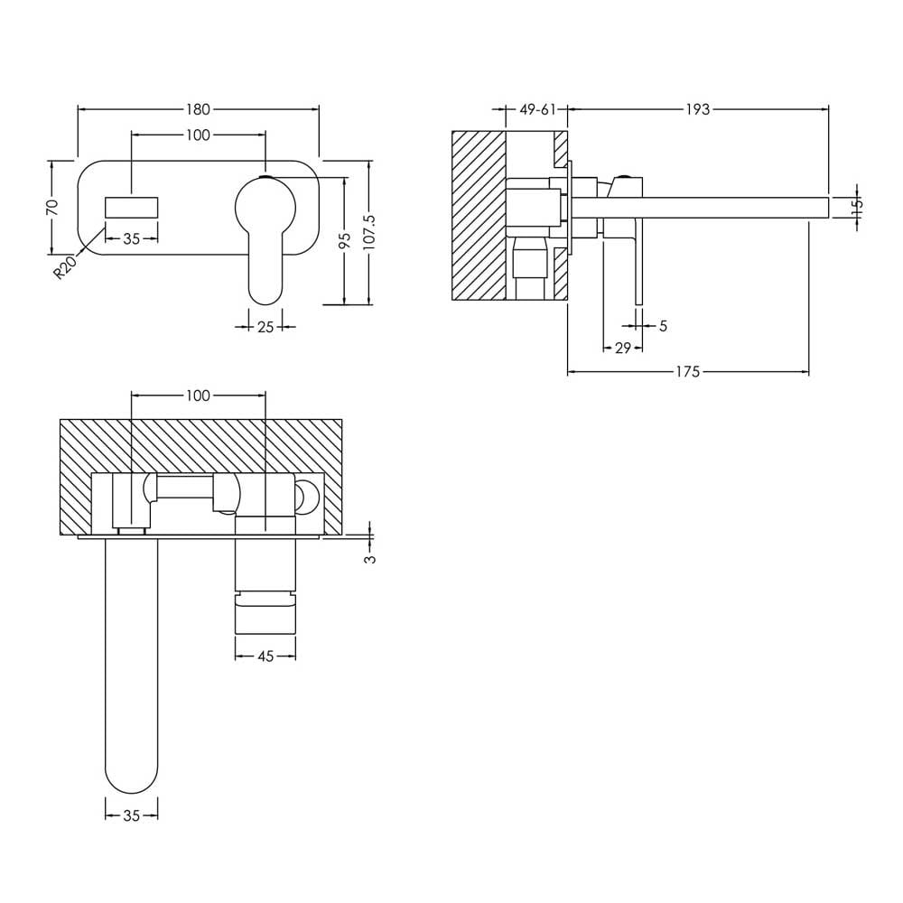 Nuie Windon Wall Mounted 2 Tap Hole Basin Mixer With Plate- WIN828