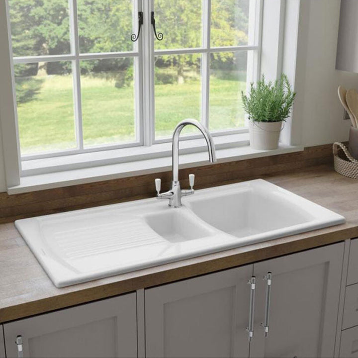 Rangemaster Tenby 1.5 Bowl White Ceramic Kitchen Sink & Waste