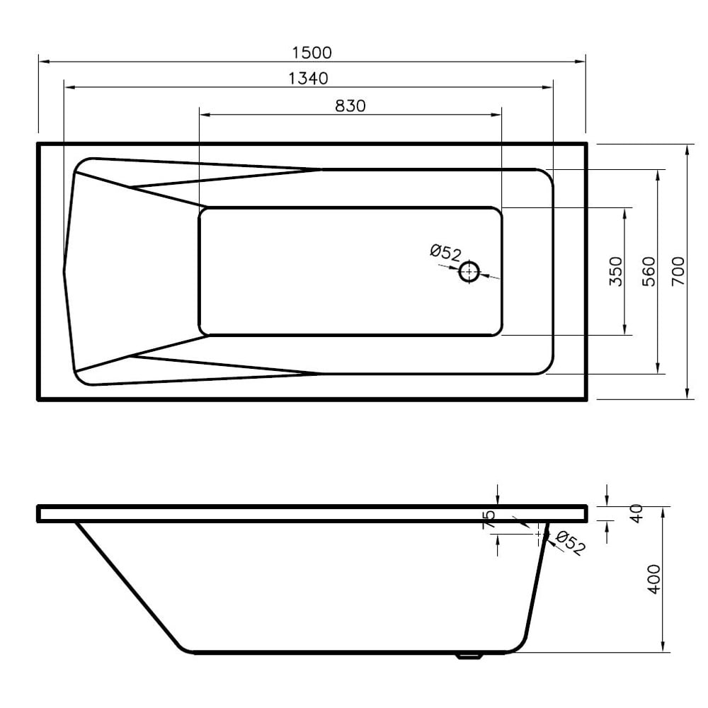 Nuie Linton Square Single Ended Straight Bath 1500x700 & Front Panel
