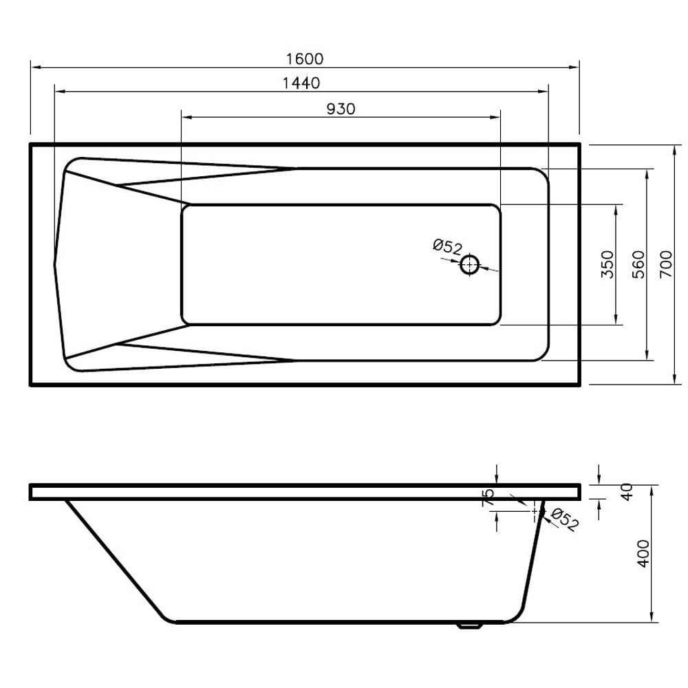 Nuie Linton Square Single Ended Straight Bath 1600x700 & Front Panel