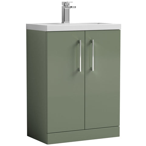 Nuie Arno Compact Satin Green 600mm Floor Stading 2-Door Vanity Unit & Polymarble Basin