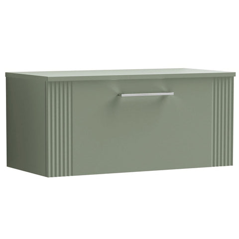 Nuie Deco Satin Reed Green 800mm Wall Hung Single Drawer Vanity Unit & Worktop