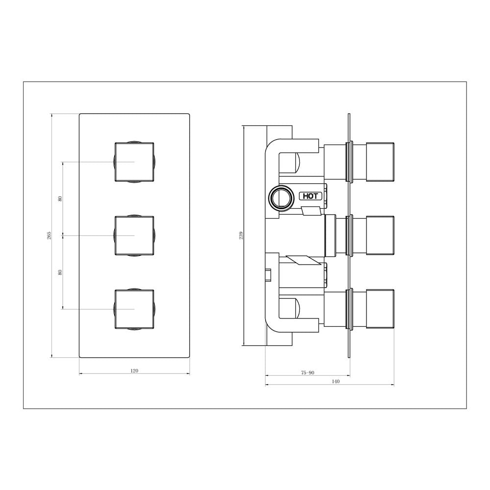 Astini Chrome Square Concealed Thermostatic 3 Lever 2 Way Shower Valve