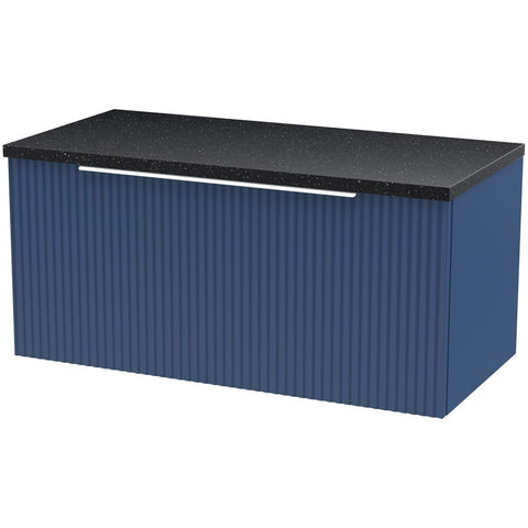 Hudson Reed Fluted Satin Blue 800mm Wall Hung Single Drawer Vanity & Laminate Top DFF396LSB