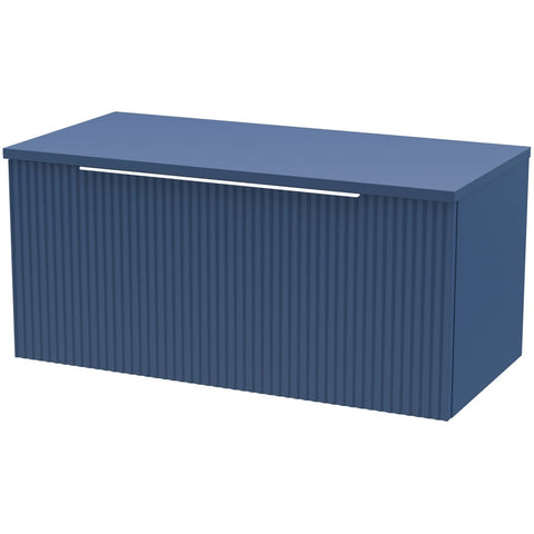 Hudson Reed Fluted Satin Blue 800mm Wall Hung Single Drawer Vanity Unit & Worktop DFF396W