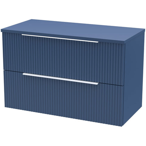 Hudson Reed Fluted Satin Blue 800mm Wall Hung 2-Drawer Vanity Unit & Worktop DFF395W