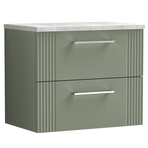 Nuie Deco Satin Reed Green 600mm Wall Hung 2-Drawer Vanity Unit & Laminate Top DPF893LBG