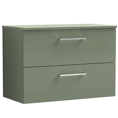 Nuie Arno Satin Green 800mm Wall Hung 2-Drawer Vanity Unit & Worktop