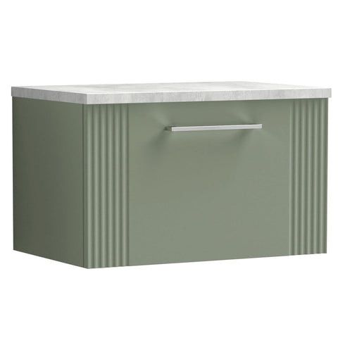 Nuie Deco Satin Reed Green 600mm Wall Hung Single Drawer Vanity Unit & Laminate Top DPF894LBG