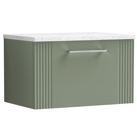 Nuie Deco Satin Reed Green 600mm Wall Hung Single Drawer Vanity Unit & Laminate Top
