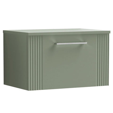Nuie Deco Satin Reed Green 600mm Wall Hung Single Drawer Vanity Unit & Worktop