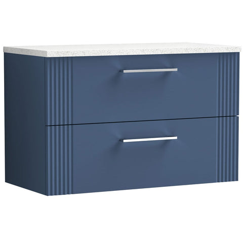 Nuie Deco Satin Blue 800mm Wall Hung 2-Drawer Vanity Unit & Laminate Top