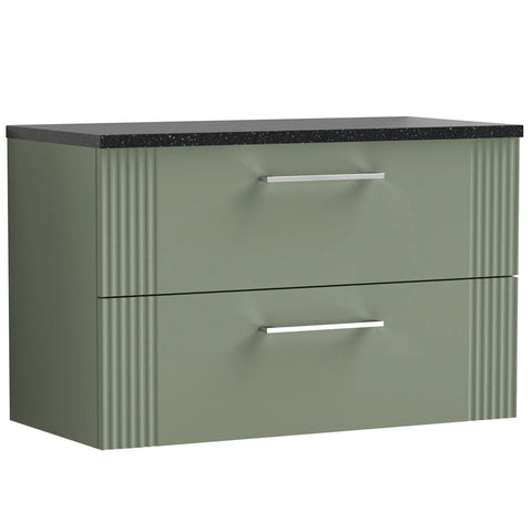 Nuie Deco Satin Reed Green 800mm Wall Hung 2-Drawer Vanity Unit & Laminate Top DPF895LSB