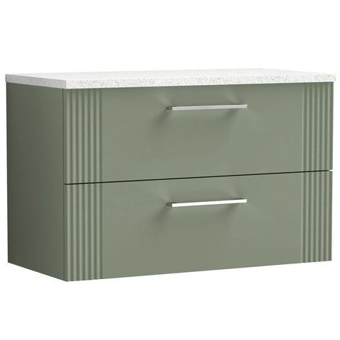 Nuie Deco Satin Reed Green 800mm Wall Hung 2-Drawer Vanity Unit & Laminate Top