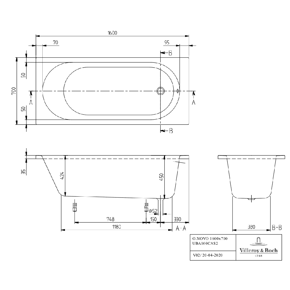 Villeroy & Boch O.novo Solo Alpin Rectangular Bath & Leg Set 1600x700mm