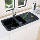 Modern black double bowl sink with drainer