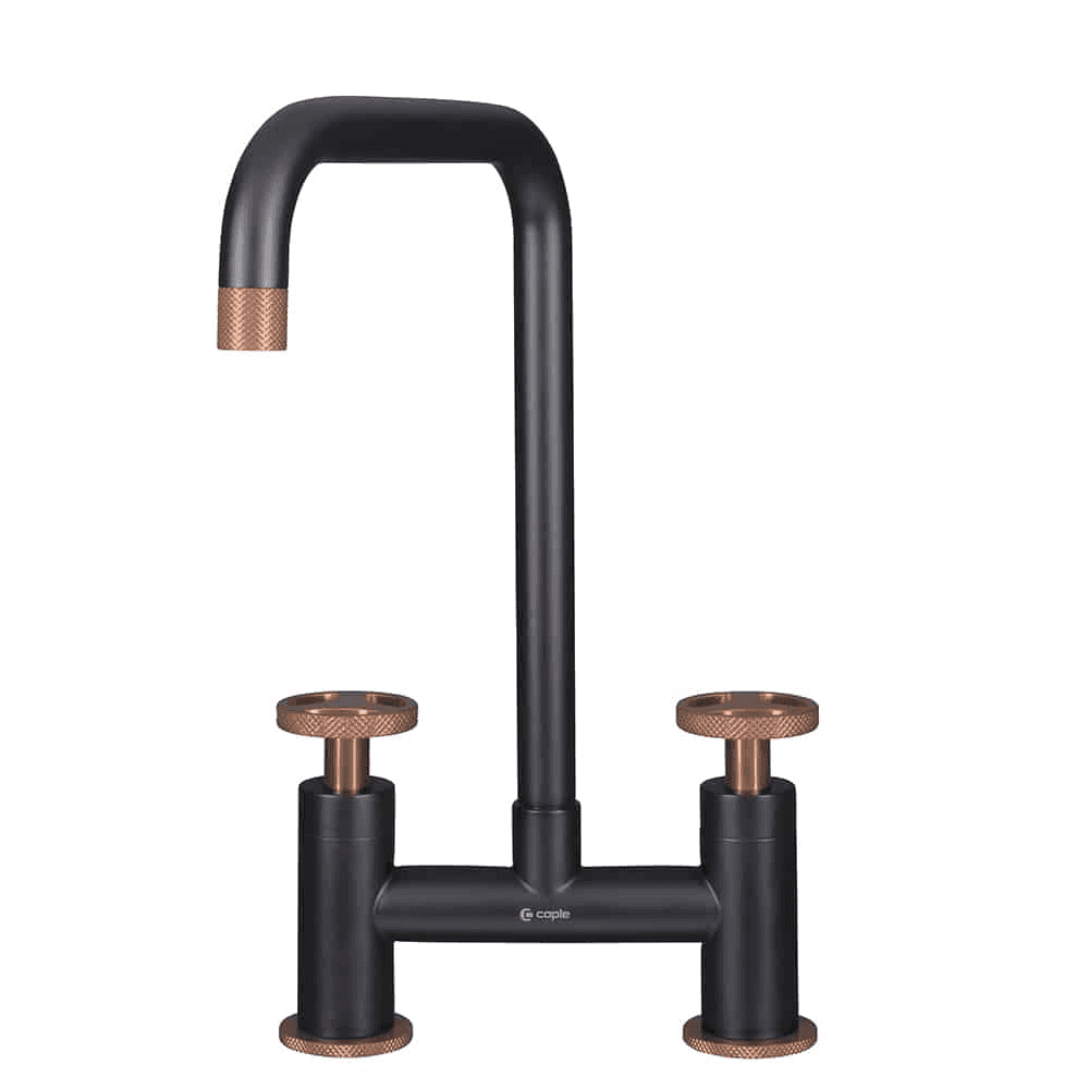Caple Ember Matt Black Bridge Kitchen Tap with Copper. Gold & Black Handle Sets