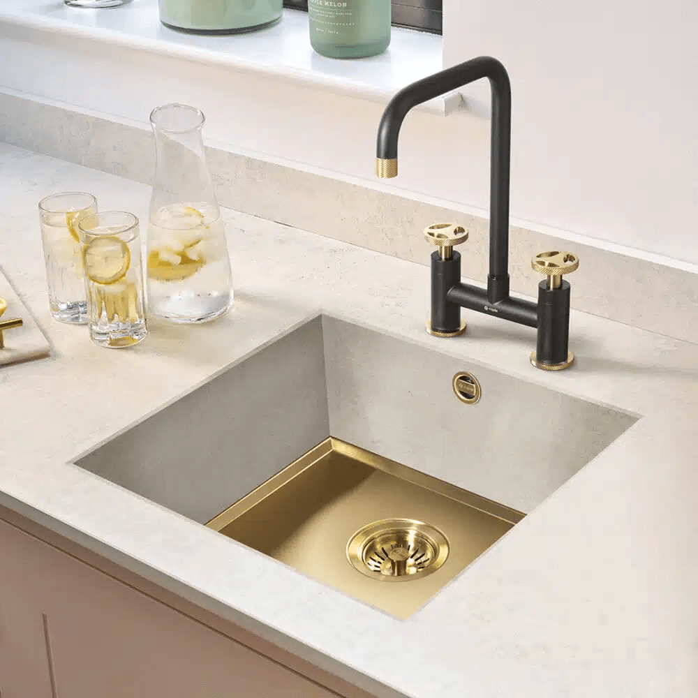 Caple Ember Matt Black Bridge Kitchen Tap with Copper. Gold & Black Handle Sets