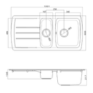 Technical drawing of double bowl kitchen sink
