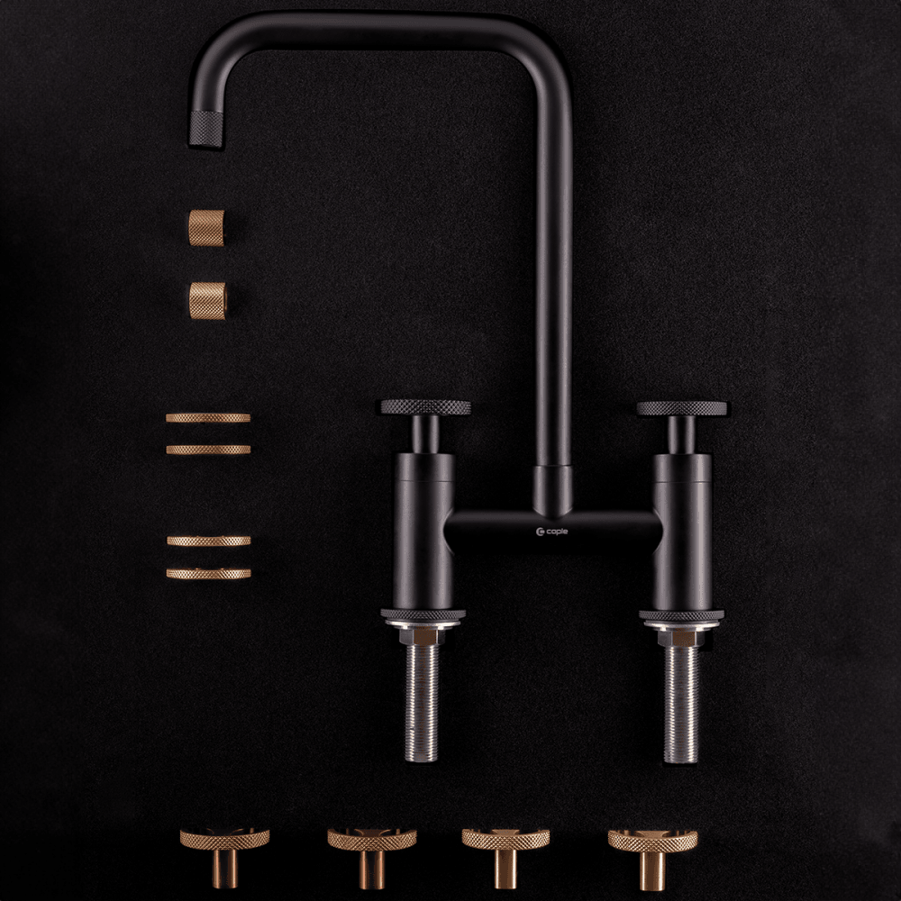 Caple Ember Matt Black Bridge Kitchen Tap with Copper. Gold & Black Handle Sets