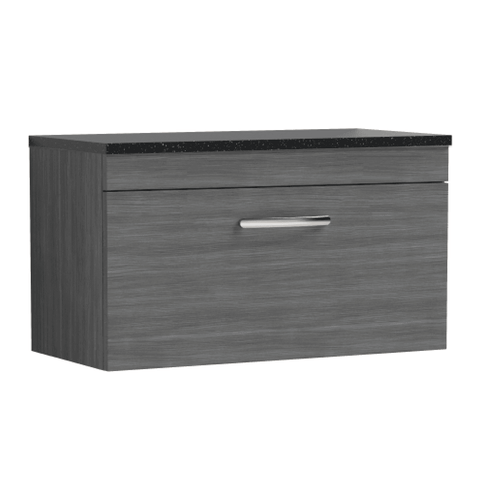Nuie Athena Anthracite Woodgrain 800mm Wall Hung Vanity With Black Worktop ATH060LSB