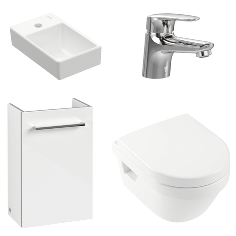 Villeroy & Boch Avento Crystal White 350 Wall Hung Vanity Unit, Basin & Onovo Chrome Mini Mixer with Wall Hung Toilet Combi Pack