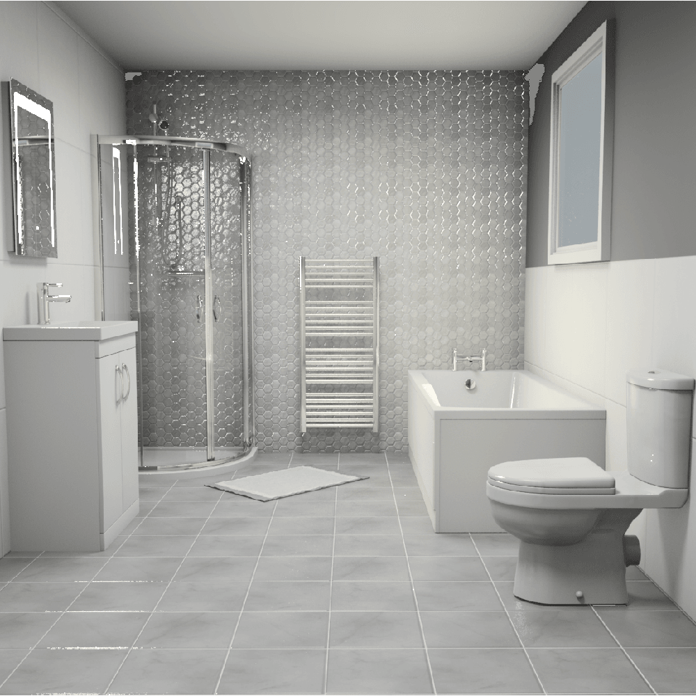 Nuie Complete Bathroom Set, Athena Gloss White Unit, Square Bath, Toilet & Shower Enclosure