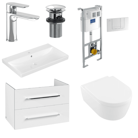 Villeroy & Boch Avento Crystal White 800 Wall Hung Vanity Unit, Basin, Chrome Waste & Onovo Chrome Basin Mixer with Wall Hung Toilet Set & Frame